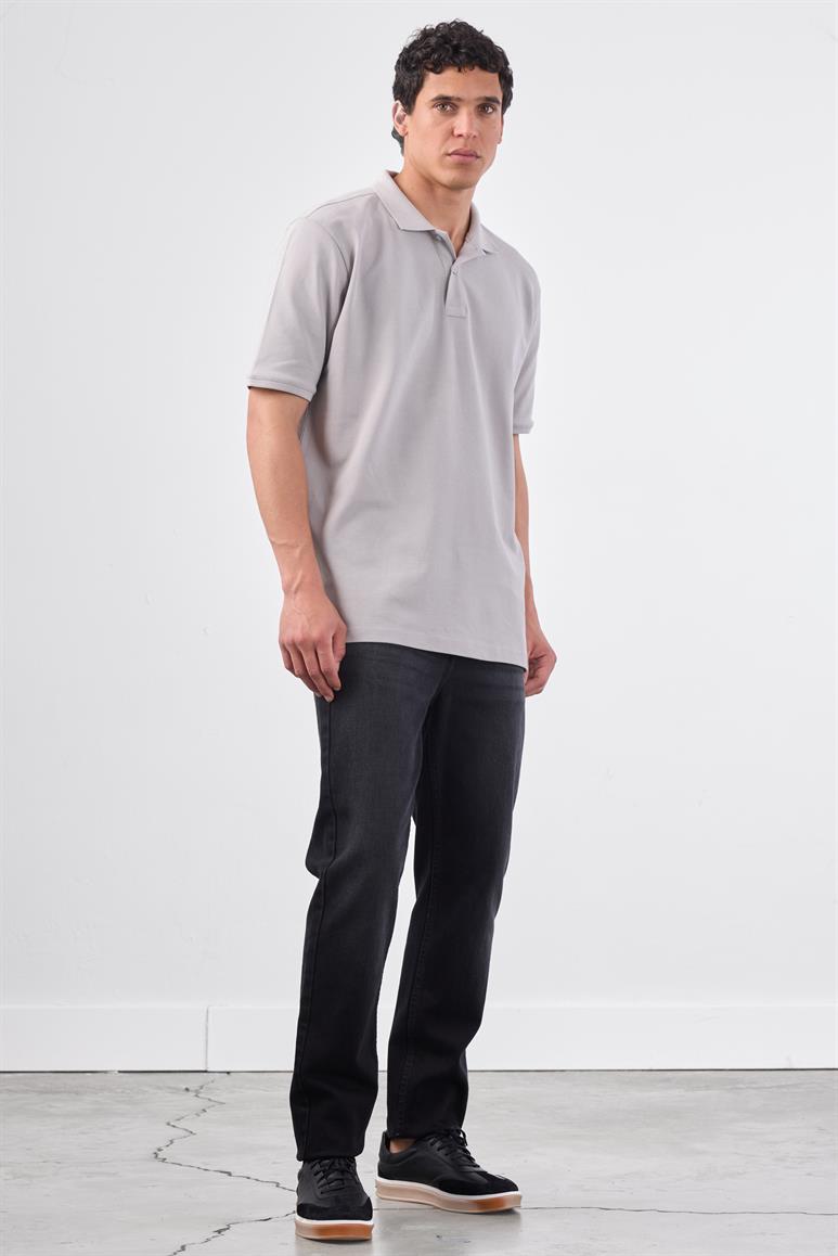 Gri Polo Yaka Pamuklu Düz Renk  Slim Fit Erkek T-shirt