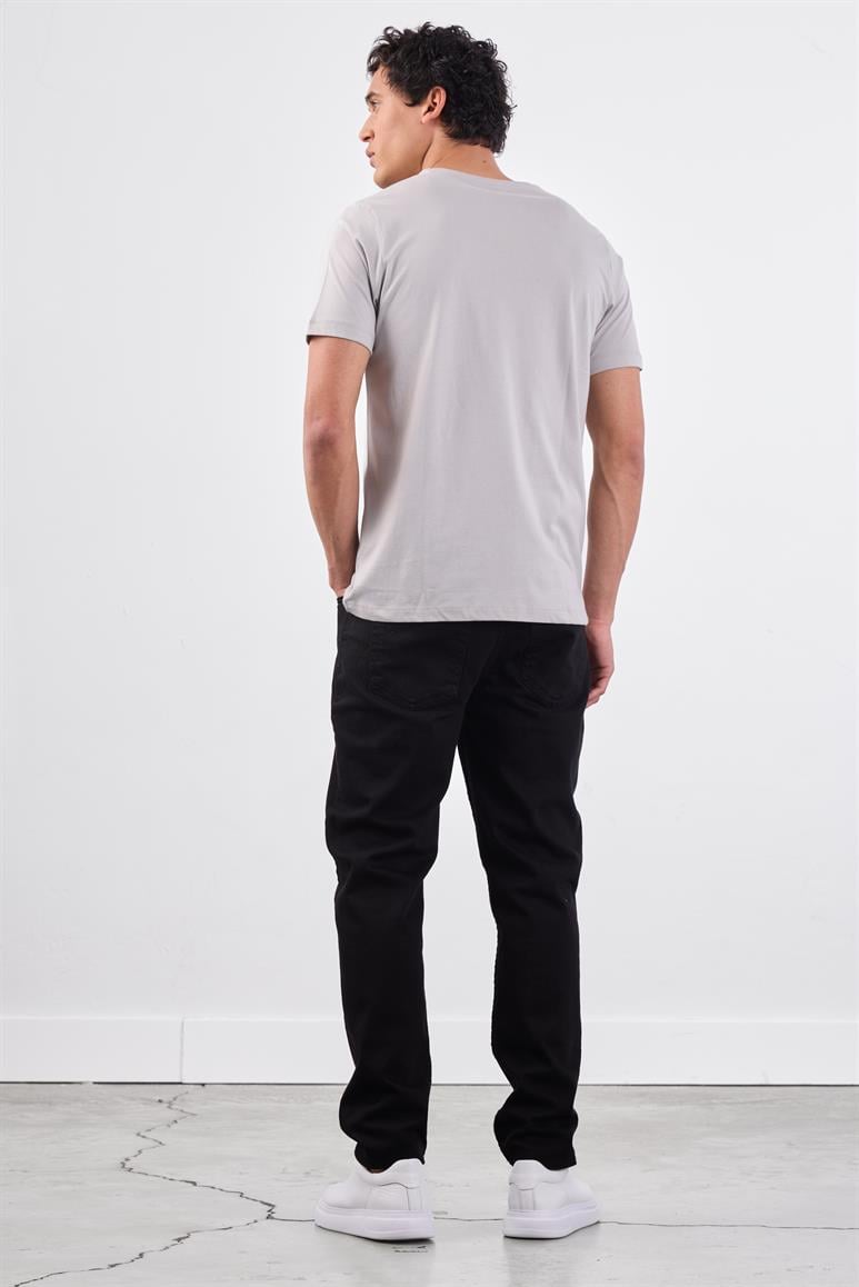 Gri V Yaka Pamuklu Düz Renk Slim Fit Erkek T-shirt