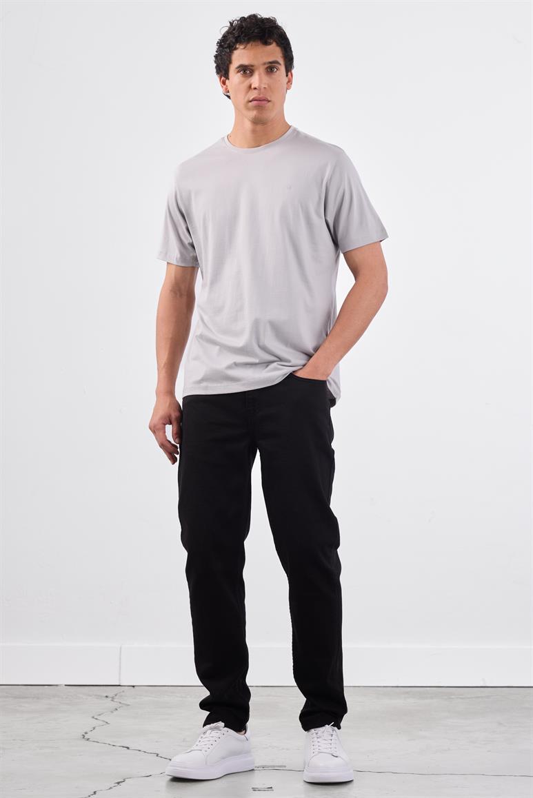 Gri Bisiklet Yaka Pamuklu Düz Renk Slim Fit Erkek T-shirt