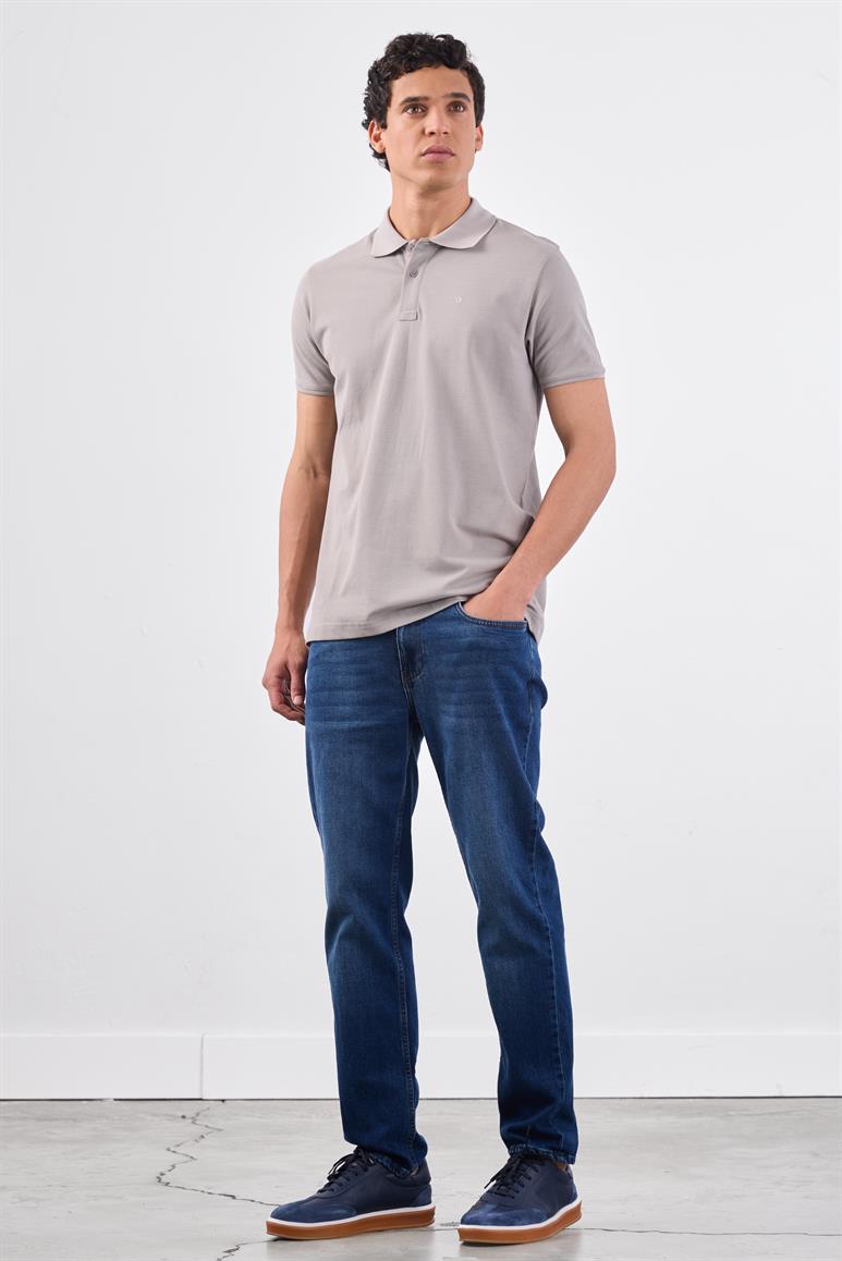 Gri Polo Yaka Pamuklu Düz Renk Slim Fit Erkek T-shirt