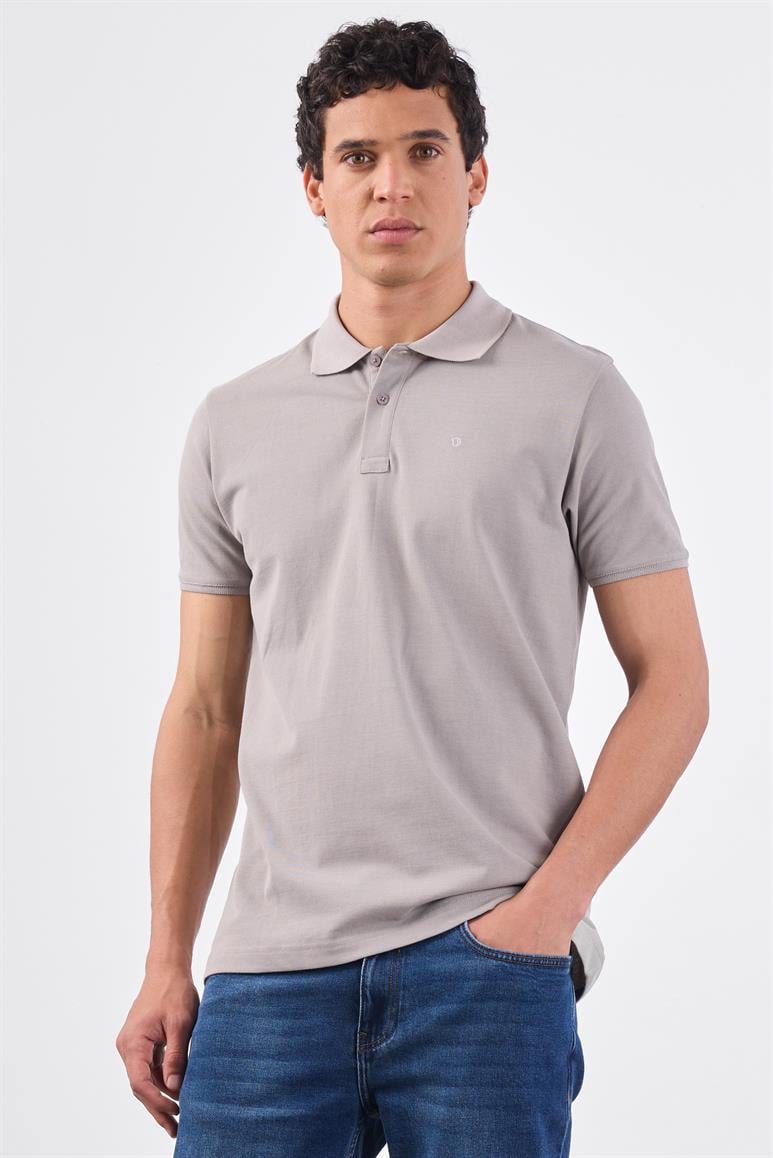Gri Polo Yaka Pamuklu Düz Renk Slim Fit Erkek T-shirt