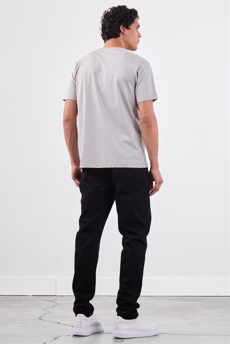 Gri Bisiklet Yaka Pamuklu Düz Renk Slim Fit Erkek T-shirt