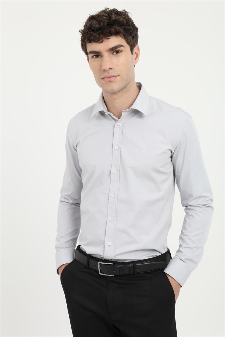 Gri Klasik Yaka Slim Fit Gömlek 