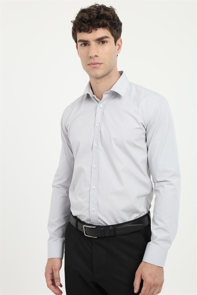 Gri Klasik Yaka Slim Fit Gömlek 