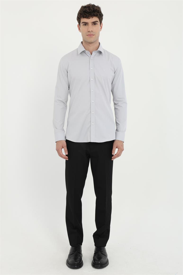 Gri Klasik Yaka Slim Fit Gömlek 