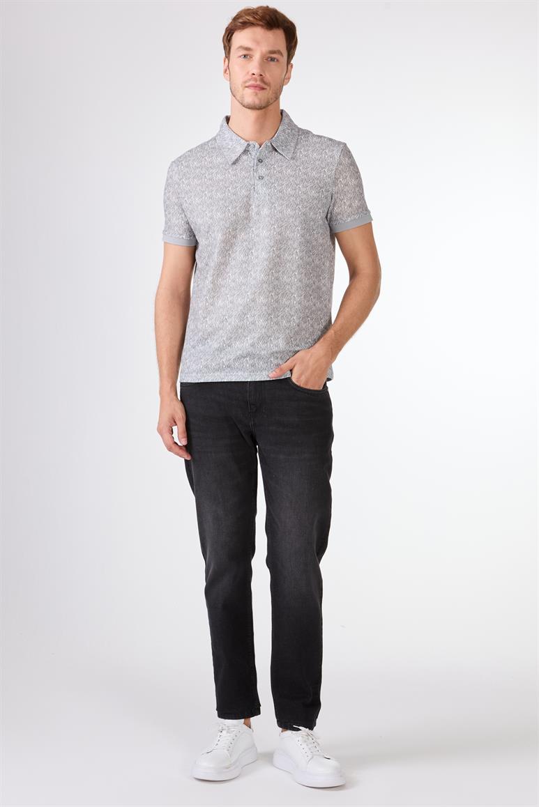 Gri Erkek Ekstra Slim Fit Desenli Casual Polo Yaka T-shirt 