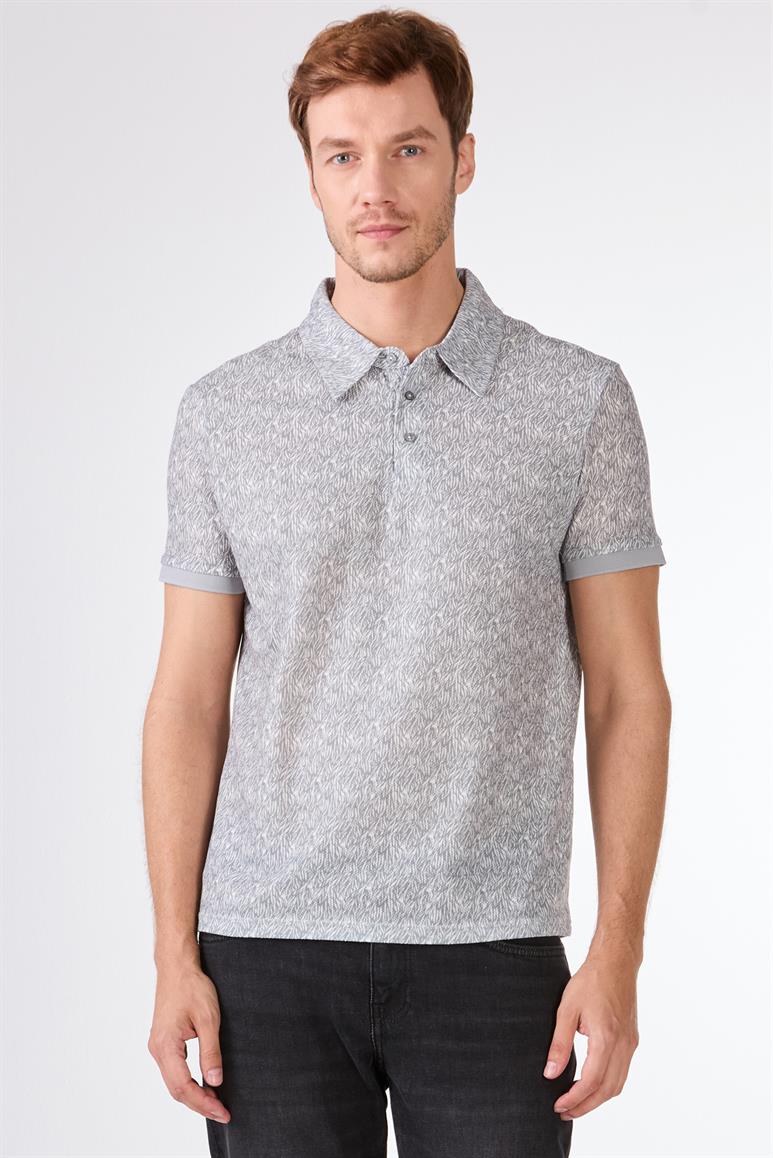Gri Erkek Ekstra Slim Fit Desenli Casual Polo Yaka T-shirt 
