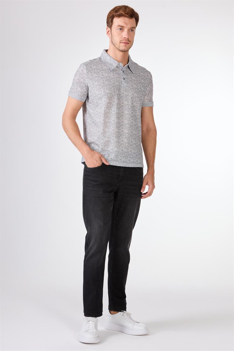 Gri Erkek Ekstra Slim Fit Desenli Casual Polo Yaka T-shirt 