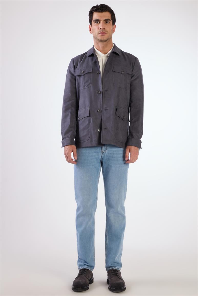 Gri Erkek Regular Fit Düz Klasik Yaka Süet Mont 