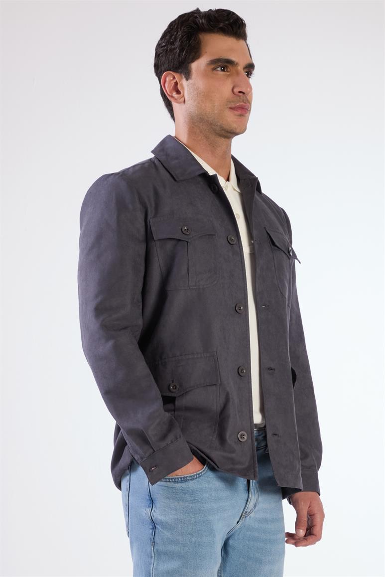 Gri Erkek Regular Fit Düz Klasik Yaka Süet Mont 