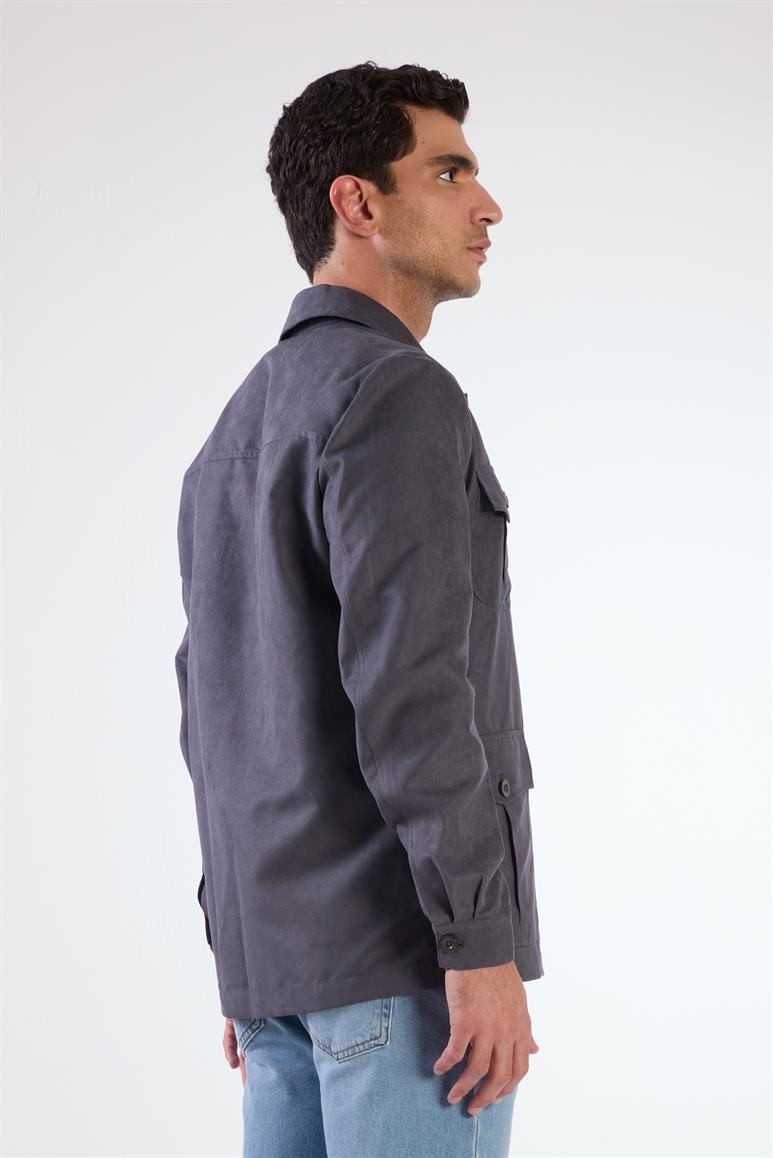 Gri Erkek Regular Fit Düz Klasik Yaka Süet Mont 