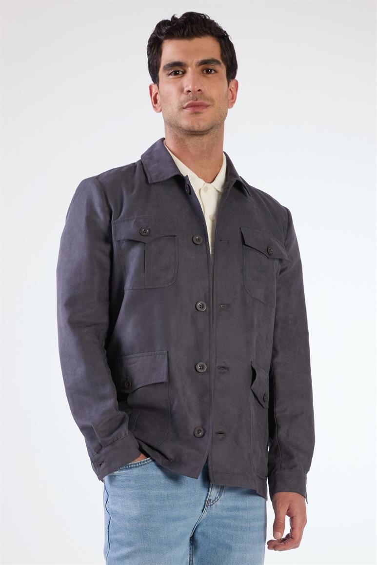 Gri Erkek Regular Fit Düz Klasik Yaka Süet Mont 