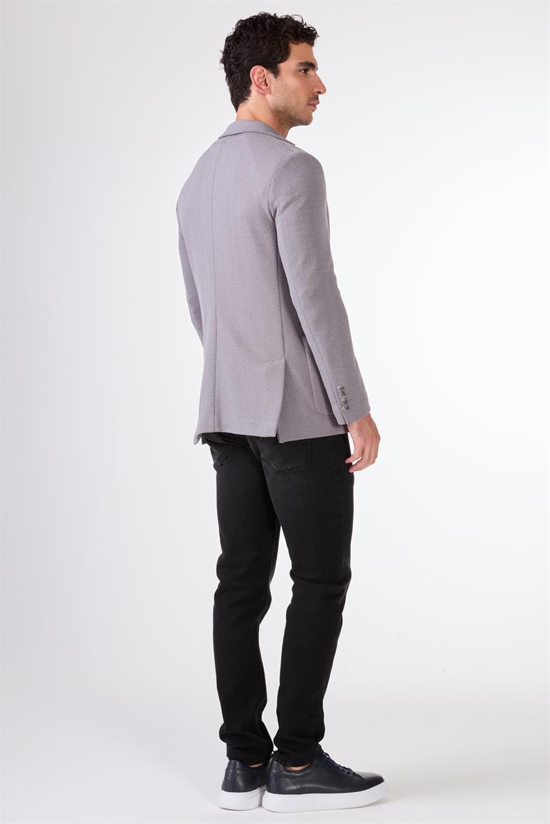 Gri Erkek Slim Fit Balıksırtı Desenli Mono Yaka Ceket 