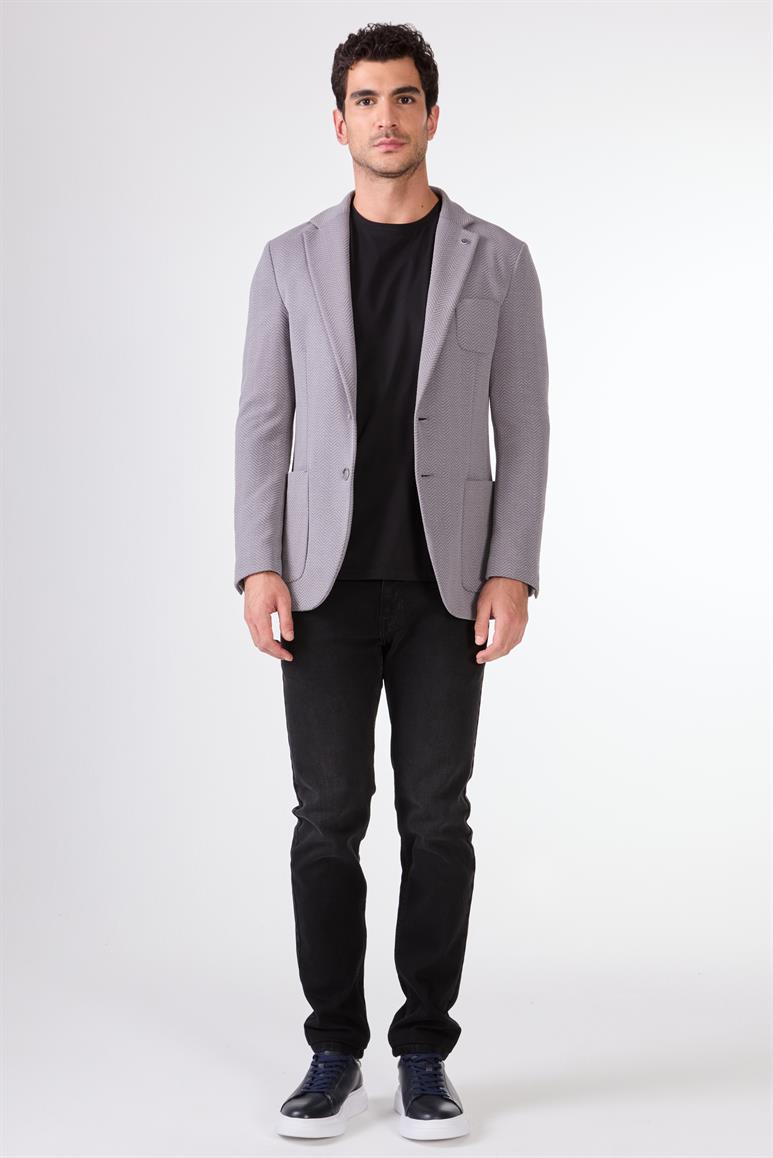 Gri Erkek Slim Fit Balıksırtı Desenli Mono Yaka Ceket 