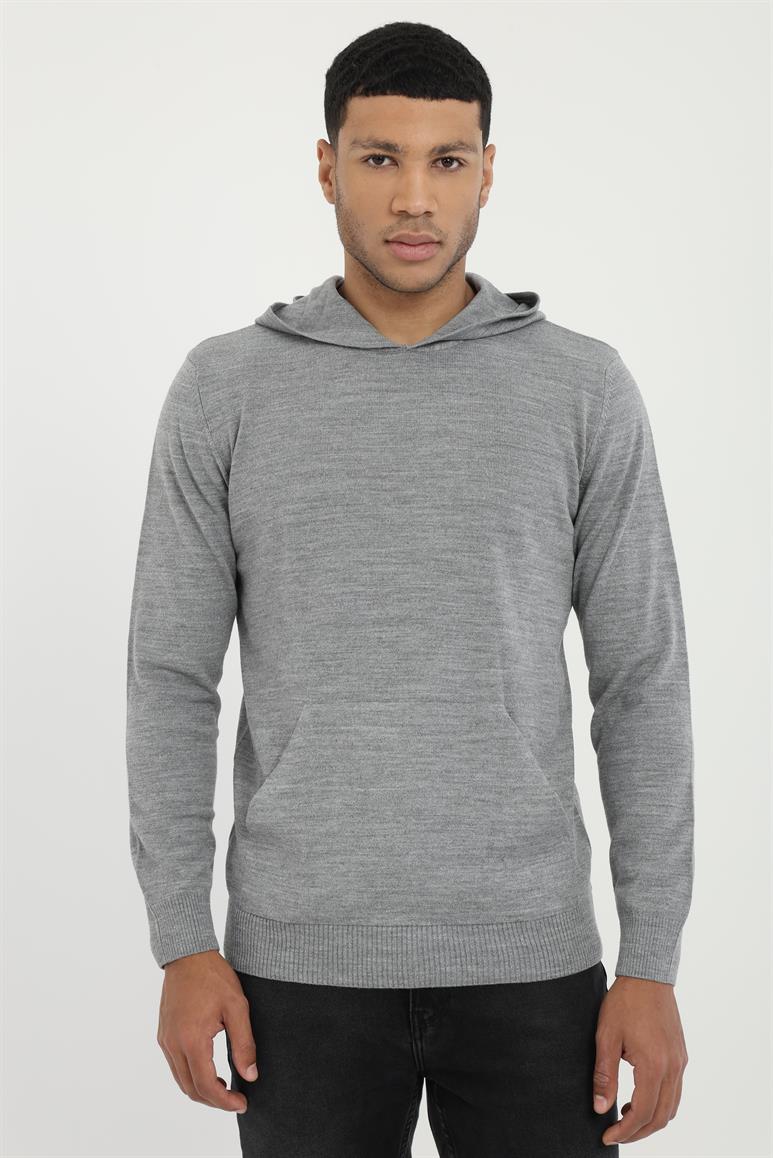 Gri Kapüşonlu Uzun Kol Slim Fit Erkek Triko
