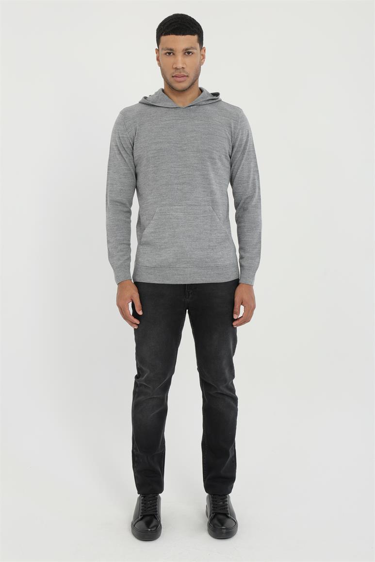 Gri Kapüşonlu Uzun Kol Slim Fit Erkek Triko