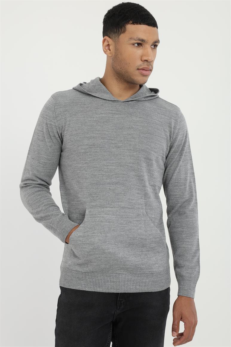 Gri Kapüşonlu Uzun Kol Slim Fit Erkek Triko