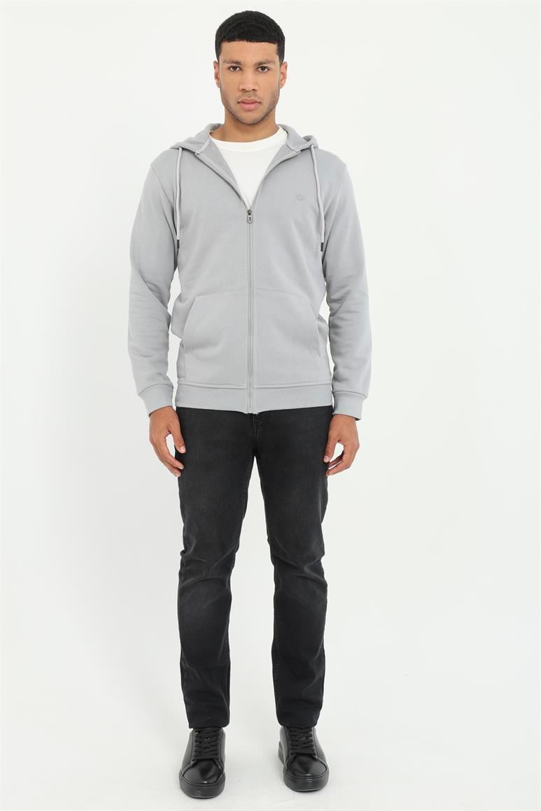 Gri Fermuar Kapamalı Kapüşonlu Erkek Regular Fit Sweatshirt