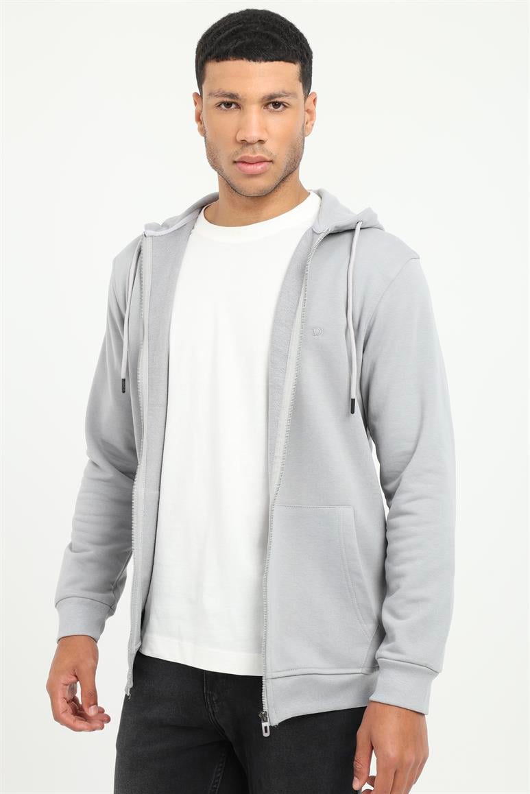 Gri Fermuar Kapamalı Kapüşonlu Erkek Regular Fit Sweatshirt