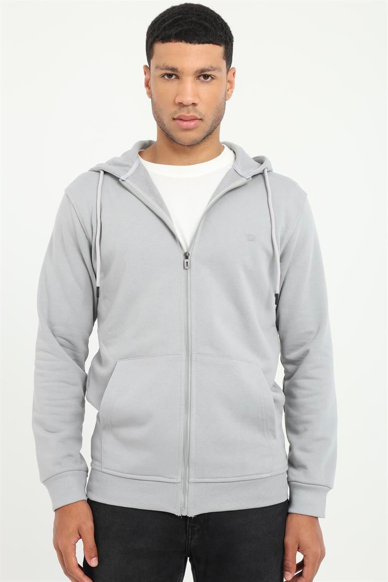 Gri Fermuar Kapamalı Kapüşonlu Erkek Regular Fit Sweatshirt