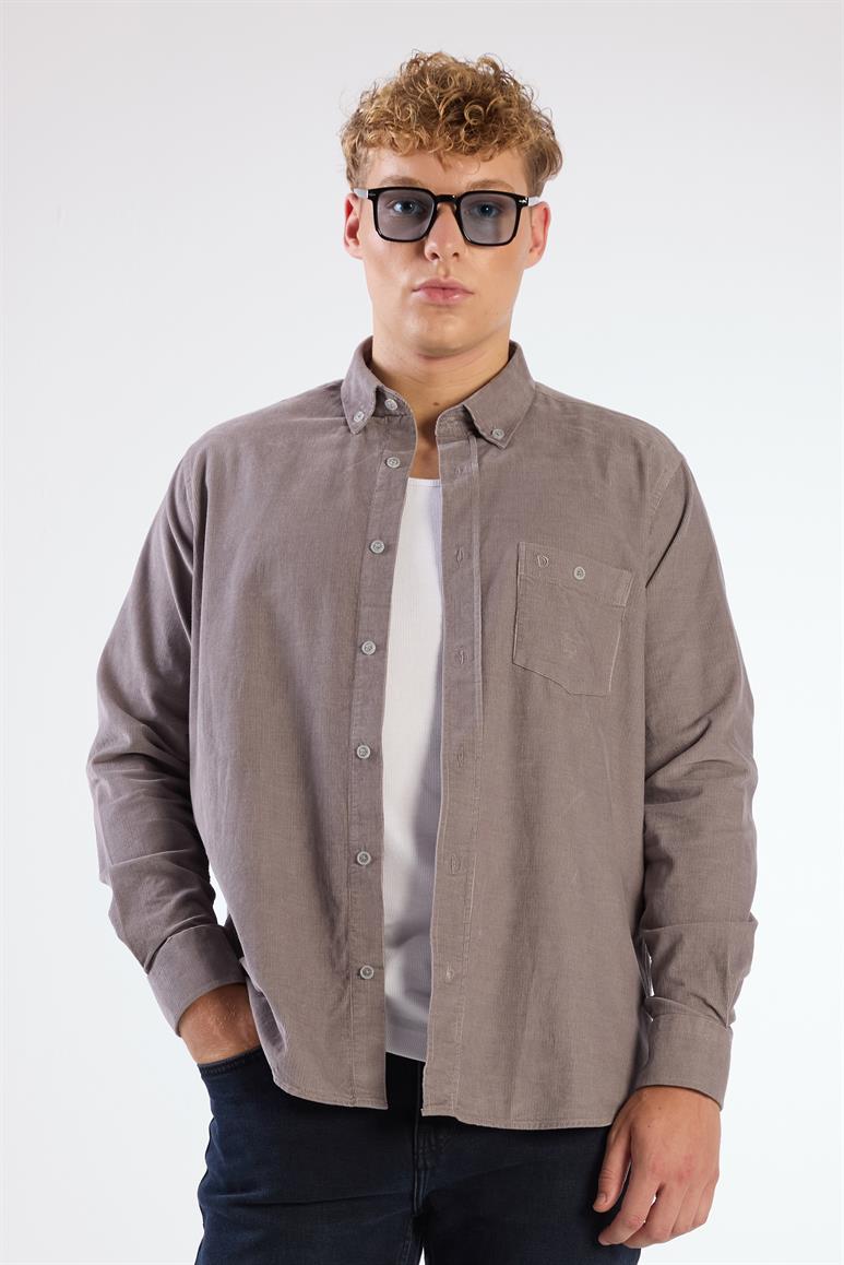 Gri Fitilli Kadife Regular Fit Erkek Gömlek 