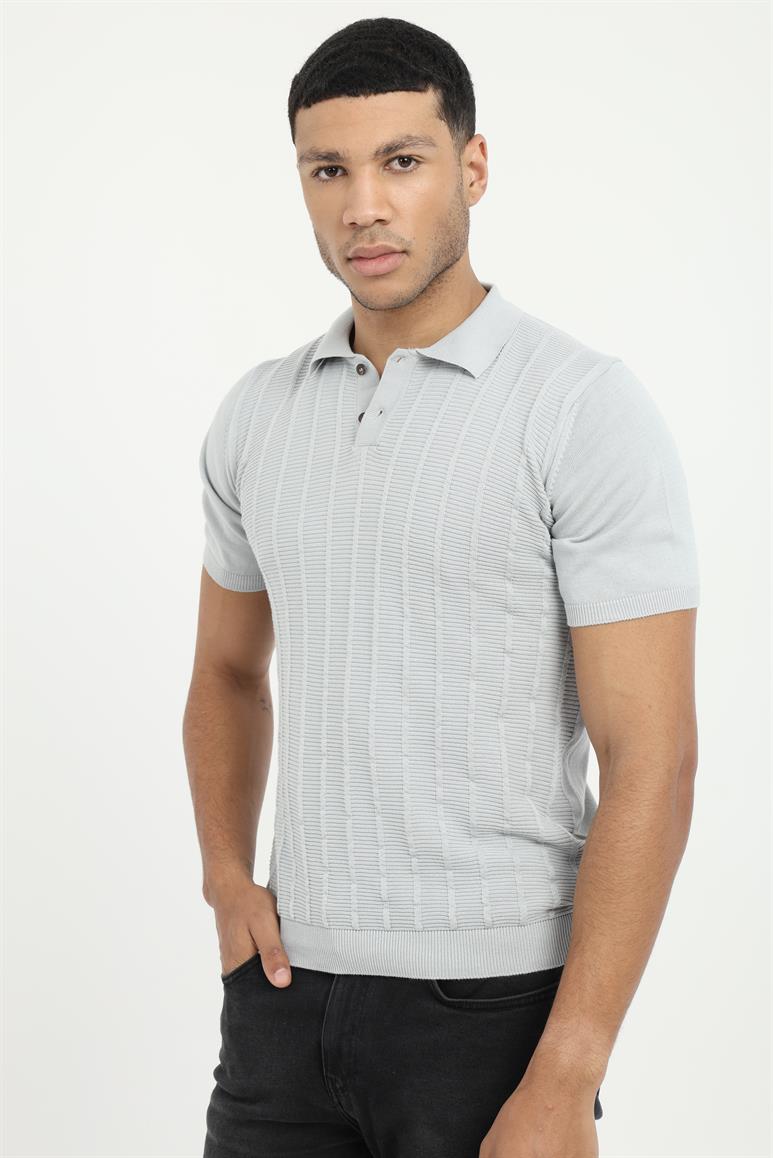 Gri Fitilli Slim Fit Polo Yaka Erkek Triko
