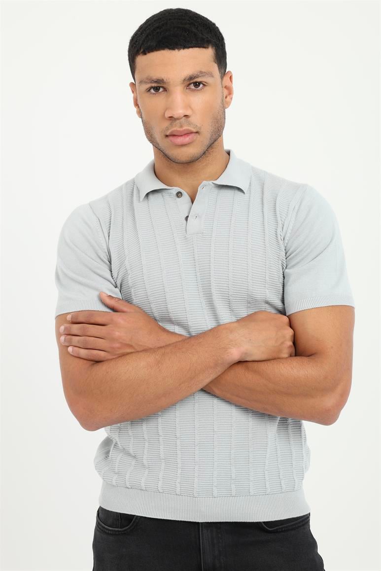Gri Fitilli Slim Fit Polo Yaka Erkek Triko