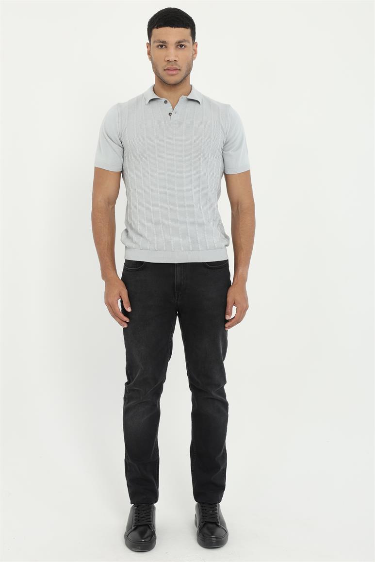 Gri Fitilli Slim Fit Polo Yaka Erkek Triko