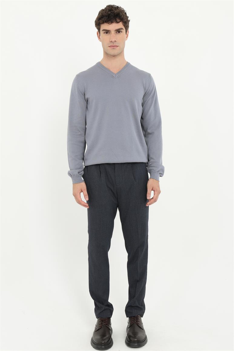 Gri Melanj V Yaka Regular Fit Erkek Triko