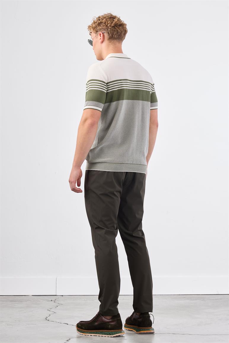 Haki Çizgili Desen Fermuarlı Polo Yaka Kısa Kollu Slim Fit Erkek Triko