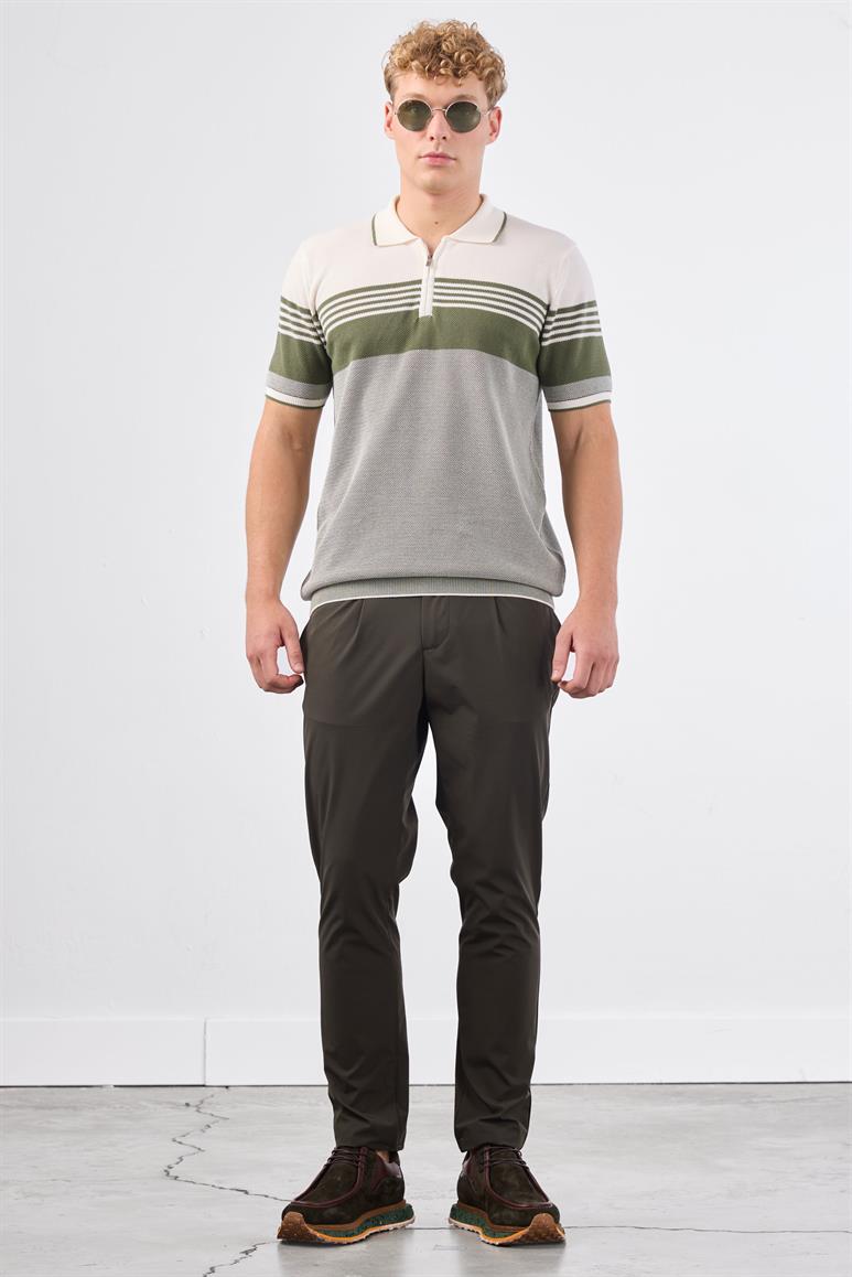 Haki Çizgili Desen Fermuarlı Polo Yaka Kısa Kollu Slim Fit Erkek Triko