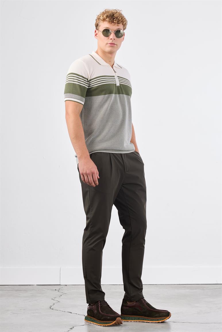 Haki Çizgili Desen Fermuarlı Polo Yaka Kısa Kollu Slim Fit Erkek Triko