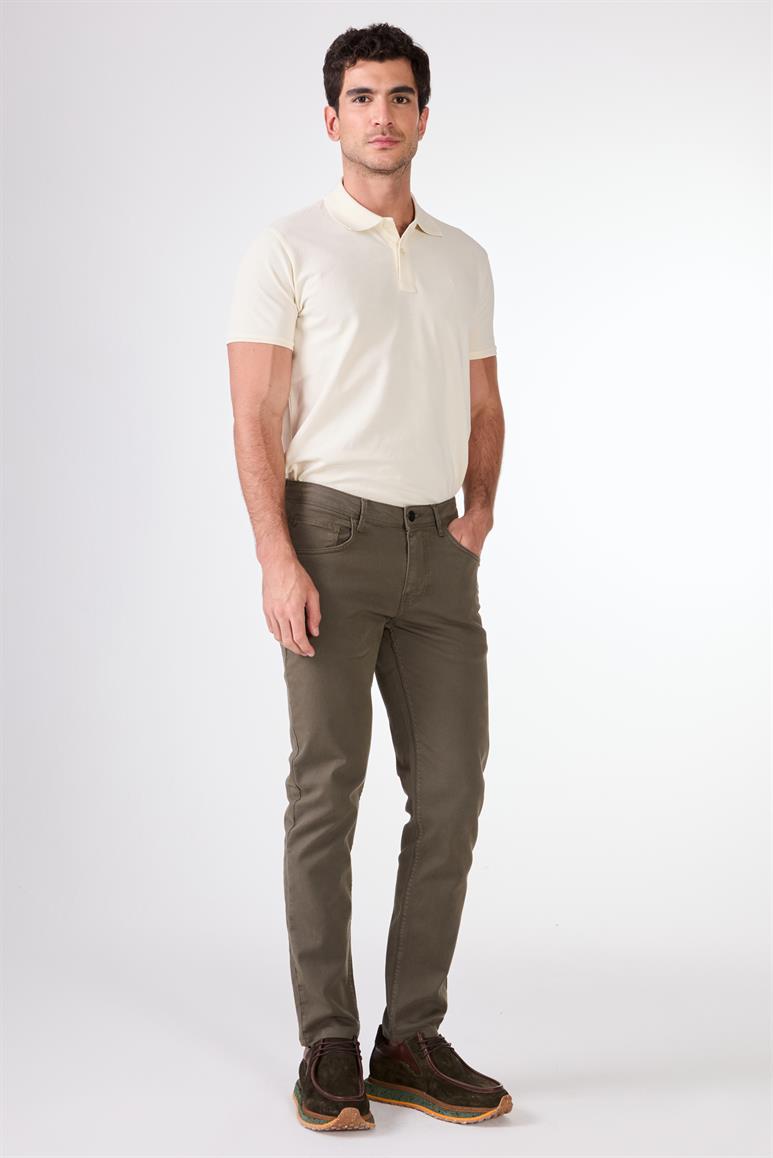 Haki 5 Cep Düz Renk Slim Fit Erkek Pantolon