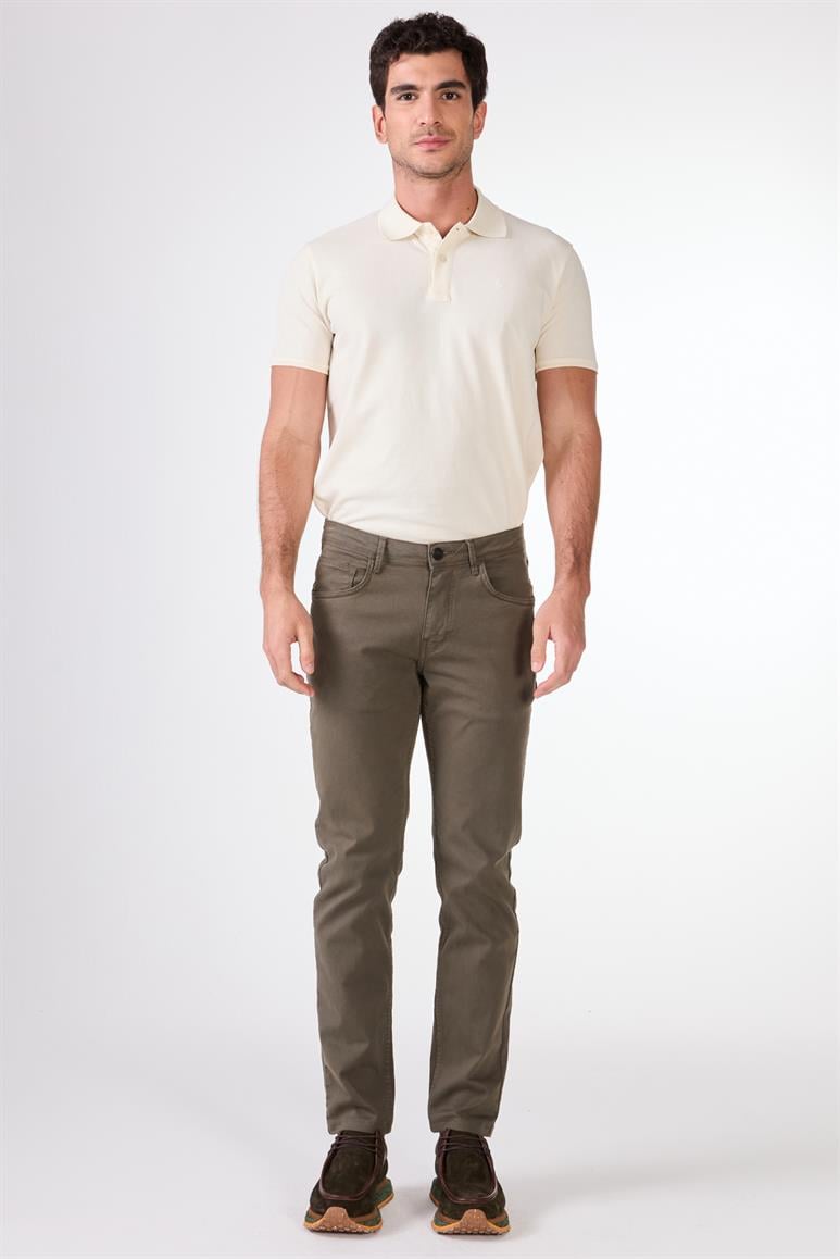 Haki 5 Cep Düz Renk Slim Fit Erkek Pantolon