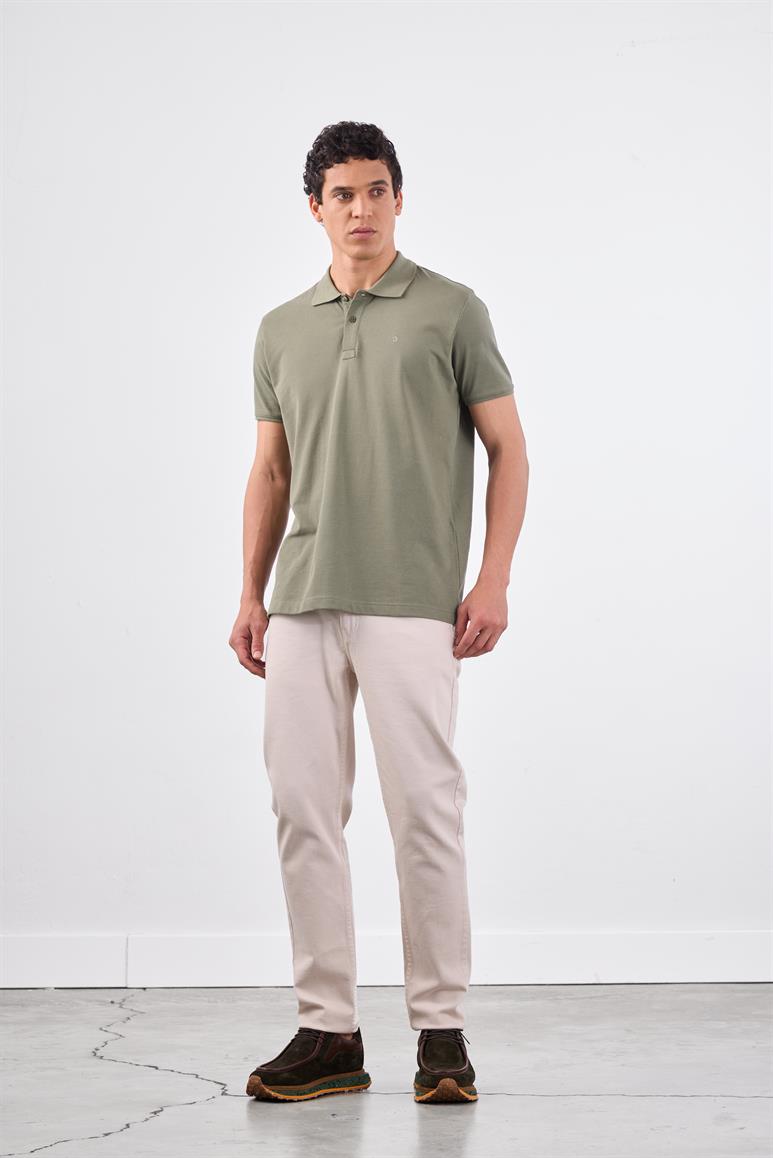 Haki Polo Yaka Pamuklu Düz Renk Slim Fit Erkek T-shirt