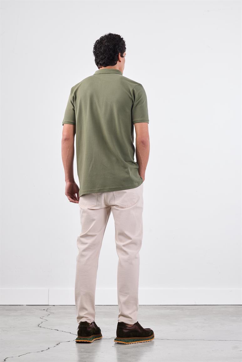 Haki Polo Yaka Pamuklu Düz Renk Slim Fit Erkek T-shirt