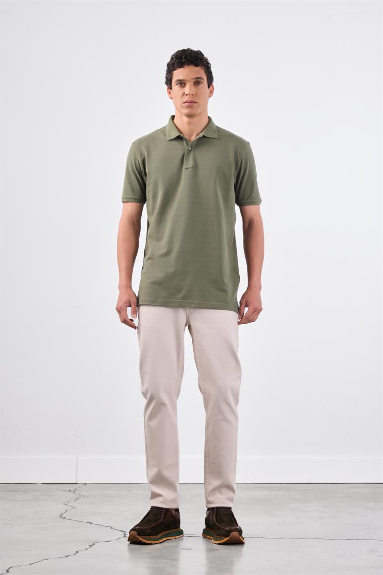 Haki Polo Yaka Pamuklu Düz Renk Slim Fit Erkek T-shirt