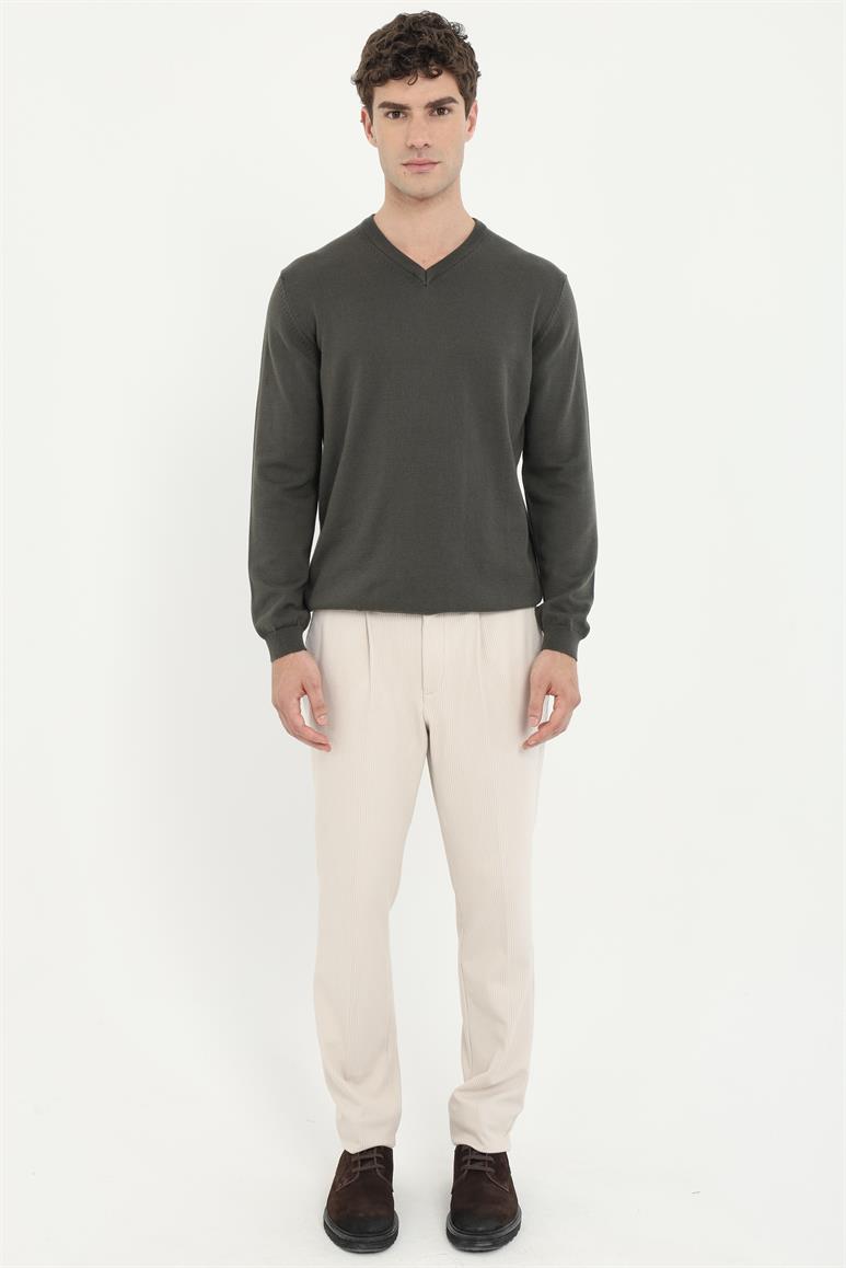 Haki V Yaka Regular Fit Düz Erkek Triko