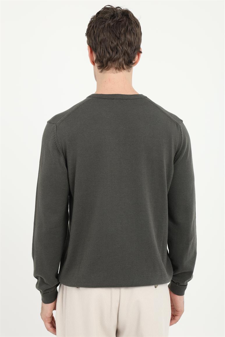 Haki V Yaka Regular Fit Düz Erkek Triko