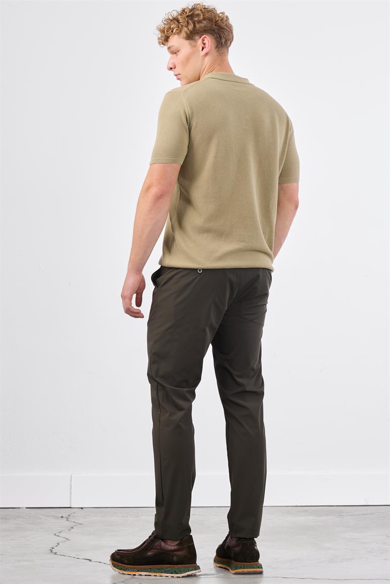 Haki Polo Düğme Yaka Düz Renk Slim Fit Erkek Triko