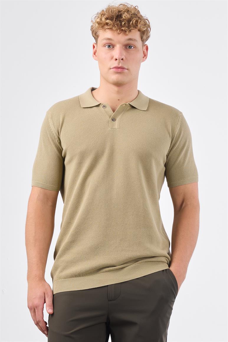 Haki Polo Düğme Yaka Düz Renk Slim Fit Erkek Triko