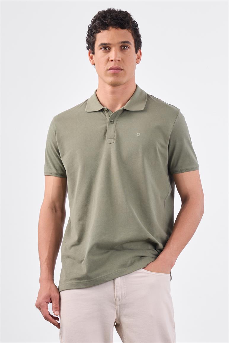 Haki Polo Yaka Pamuklu Düz Renk Slim Fit Erkek T-shirt