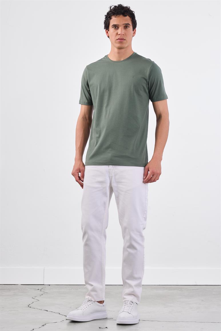 Haki Bisiklet Yaka Pamuklu Düz Renk Slim Fit Erkek T-shirt