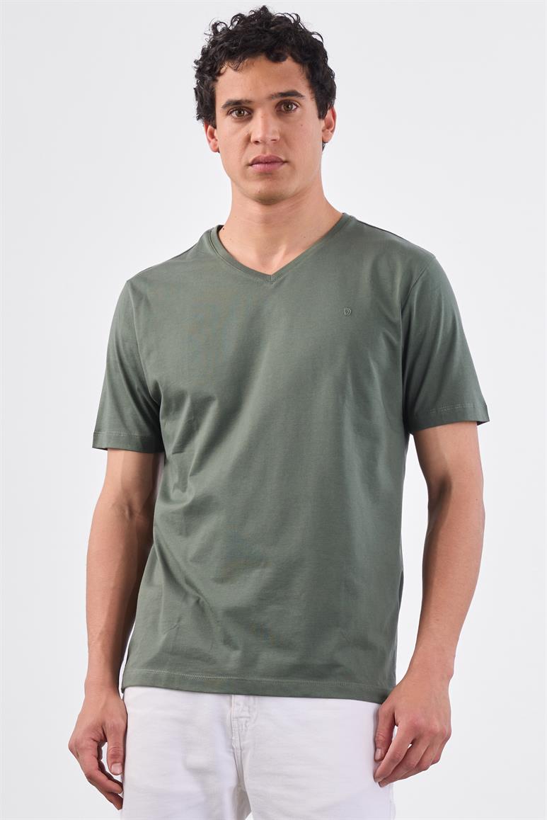 Haki V Yaka Pamuklu Düz Renk Slim Fit Erkek T-shirt