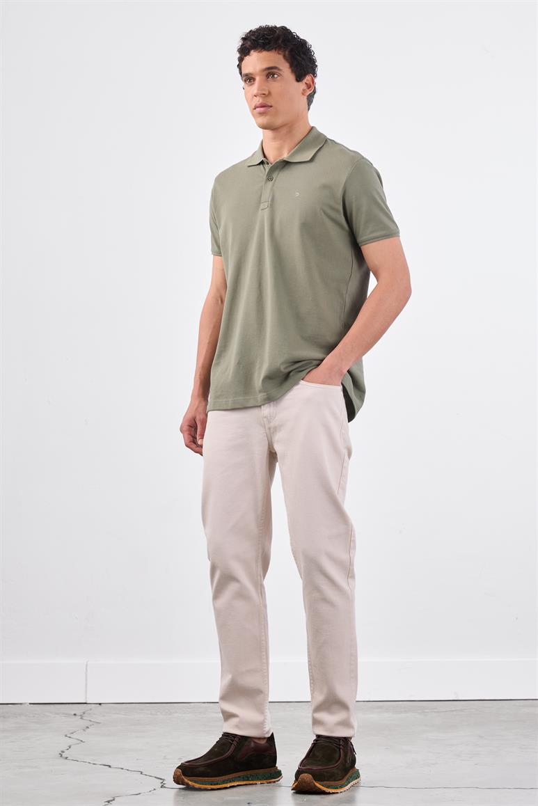 Haki Polo Yaka Pamuklu Düz Renk Slim Fit Erkek T-shirt