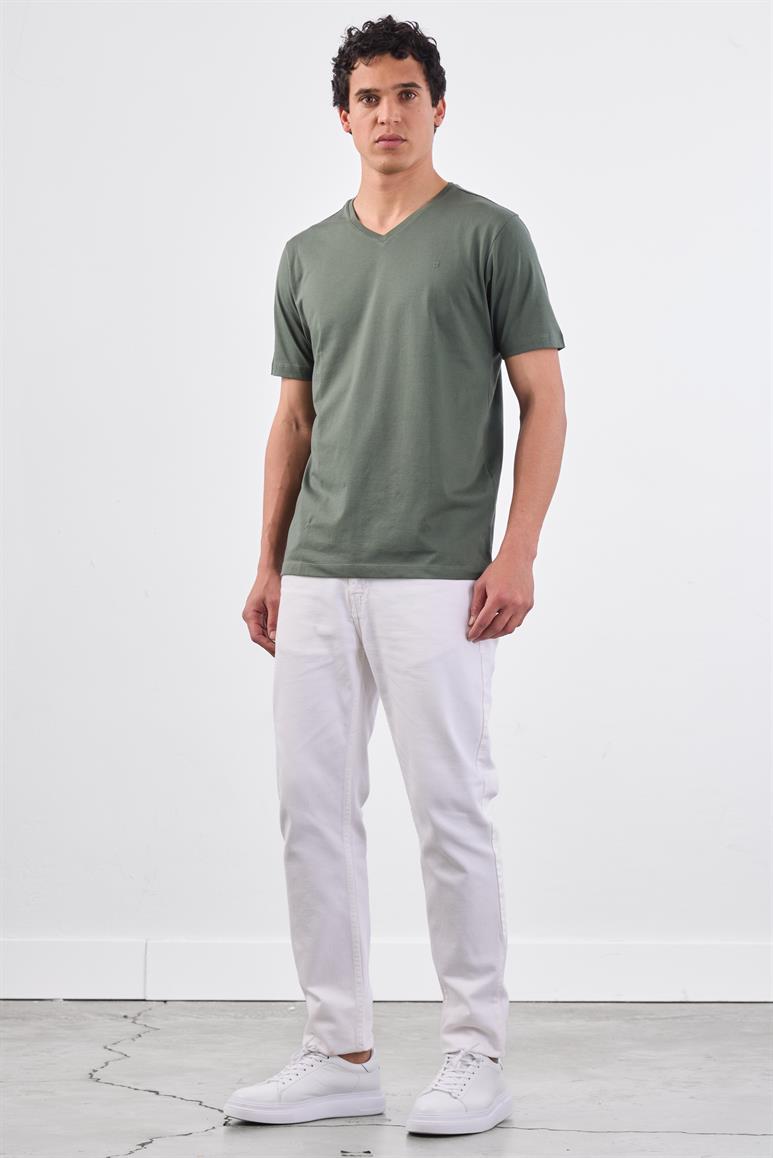 Haki V Yaka Pamuklu Düz Renk Slim Fit Erkek T-shirt
