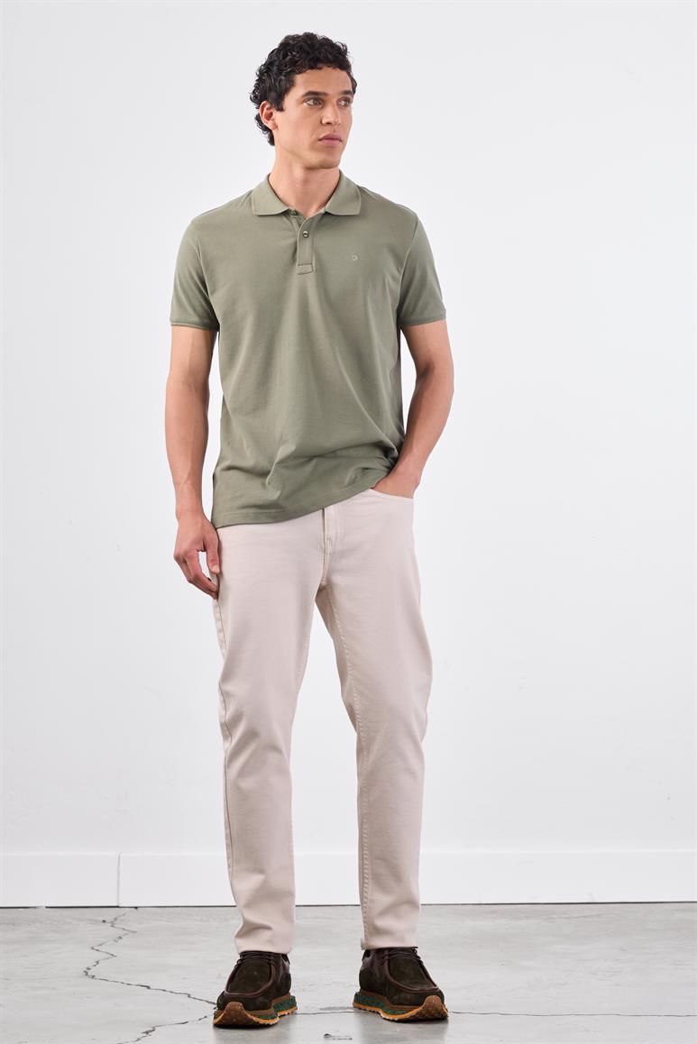 Haki Polo Yaka Pamuklu Düz Renk Slim Fit Erkek T-shirt