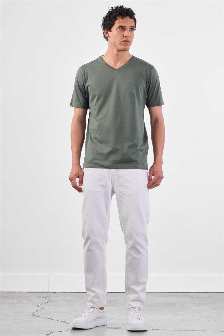 Haki V Yaka Pamuklu Düz Renk Slim Fit Erkek T-shirt