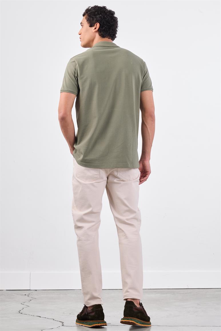 Haki Polo Yaka Pamuklu Düz Renk Slim Fit Erkek T-shirt