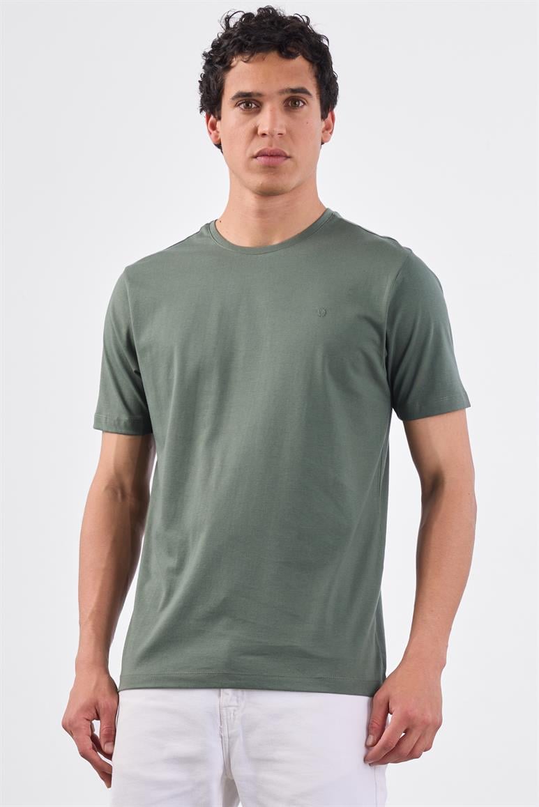 Haki Bisiklet Yaka Pamuklu Düz Renk Slim Fit Erkek T-shirt
